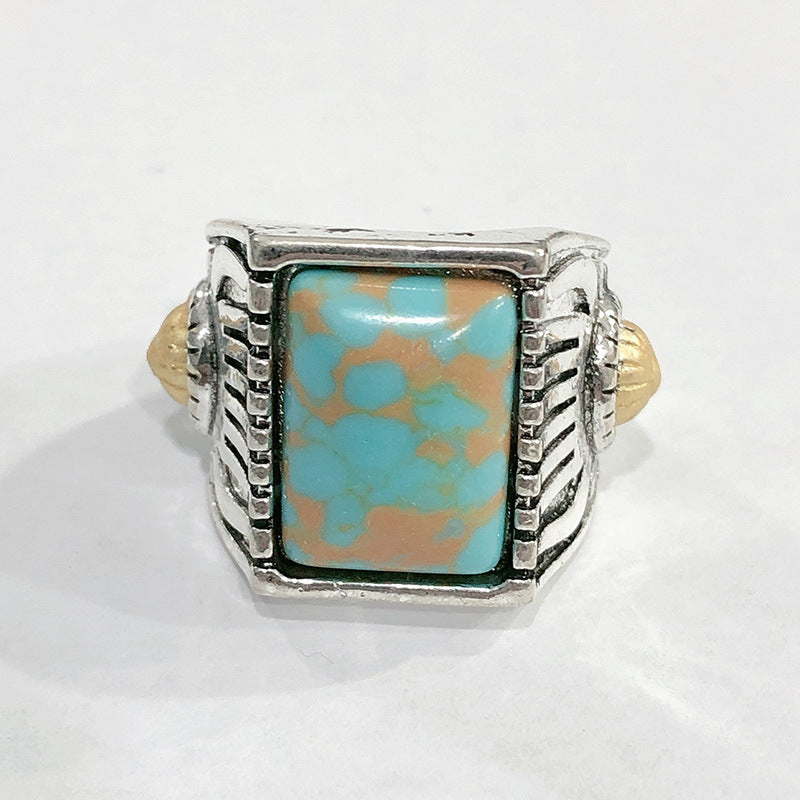 Fruit Ring Square Green Turquoise Ring Metal Ring With Alloy Inlaid Gems National Ring Travel Souvenir Ring No