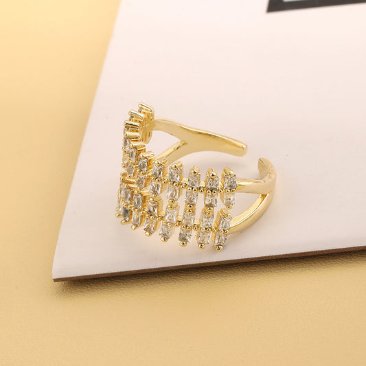 Adjustable Copper Zircon Ring For Women Gold Tone Line Geometry Ins Style Elegant Jewelry For Daily Wear Needs