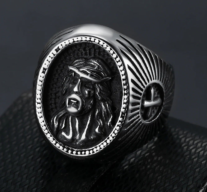 Summer Creative Retro Avatar Stainless Steel Ring Unisex Geometric Style Sizes 7 8 9 10 11 12 13 14 15 For All