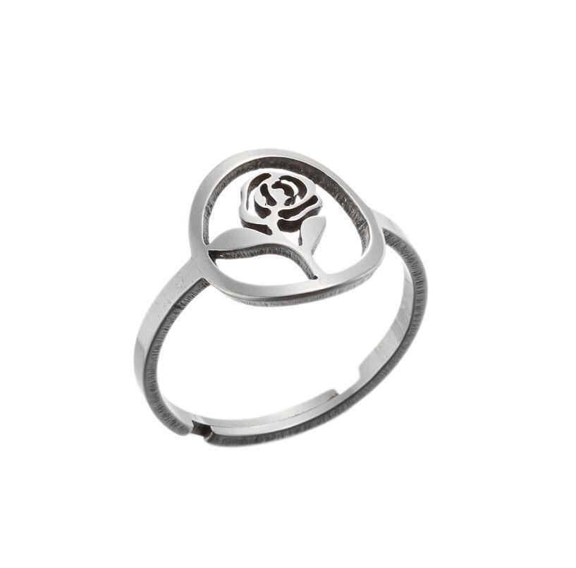 Stainless Steel Adjustable Ring Hollow Geometric Flower Design With Fruit Motif For Women Fashion Jewelry European Style