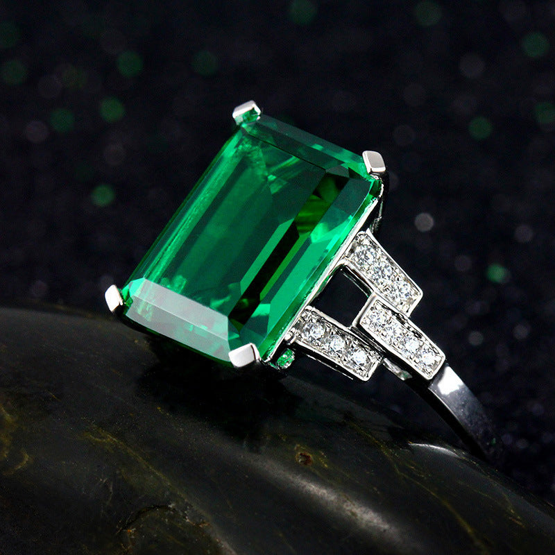 Emerald Square Ring White Gold Plated Copper Geometric Inlaid Gemstone Jewelry For Office Wear For Office Wear