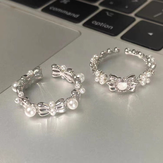 Womens Adjustable Ring With Bow Pearl Geometric Alloy Electroplated Fashion Jewelry Bowknot Finger Ring Elegant