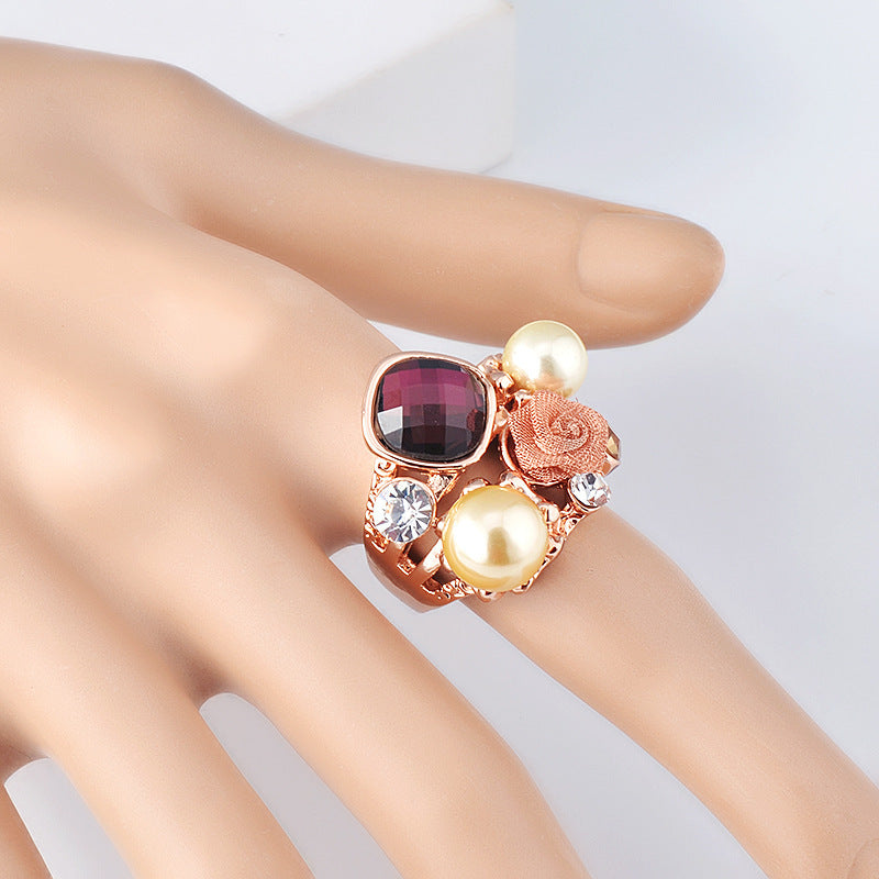 Personalized Rose Gold Pearl And Diamond Ring With Flower Design For Women Gold Plated Alloy Jewelry For Women