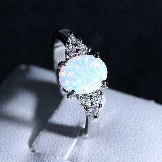 Womens Opal Ring With Diamond Accents Simple Metal Alloy Band Artificial Gems Semi Precious Stones Ring Fashion