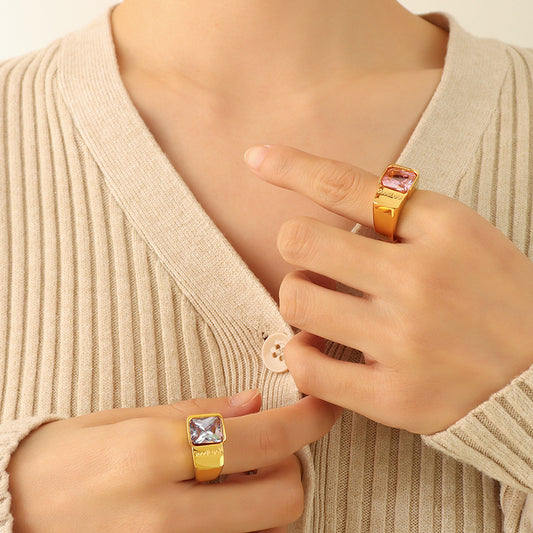 Womens Stainless Steel Zircon Inlaid Ring 18K Gold Plated Geometric Bohemian Retro Style Ring Vintage Trend Ring