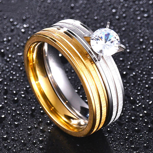 Couple Rings Titanium Steel Crown Ring Set Gold Inlaid Gemstones Korean Style Wedding Bands His Hers Free Ship