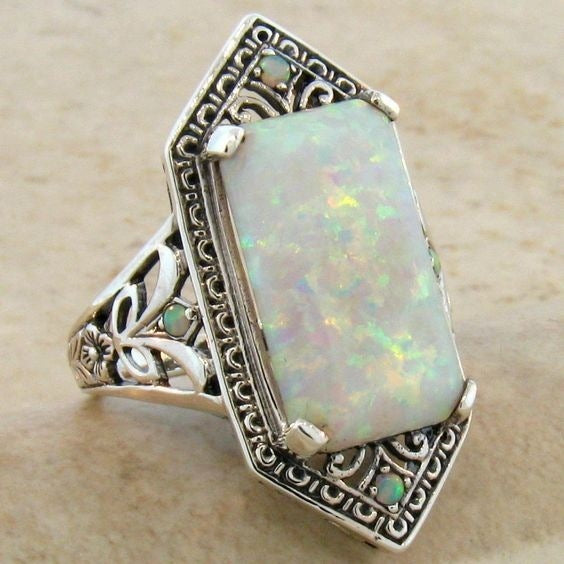 Womens Square White Opal Ring Antique Silver Alloy Geometric Inlaid Gemstone Ring Fashion Jewelry Everyday Wear