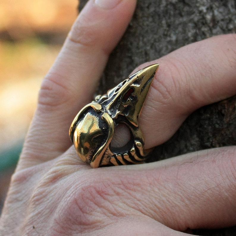 Mens Raven Skull Ring Bronze Adjustable Gothic Biker Jewellery Durable Unique Statement For Halloween Birthday