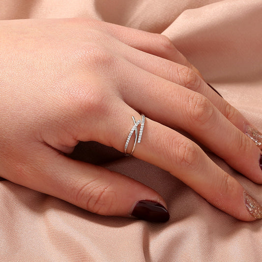 Adjustable Copper Zircon Cross Ring Platinum Plated Fashion Jewelry For Women And Girls European Style Open Ring Design
