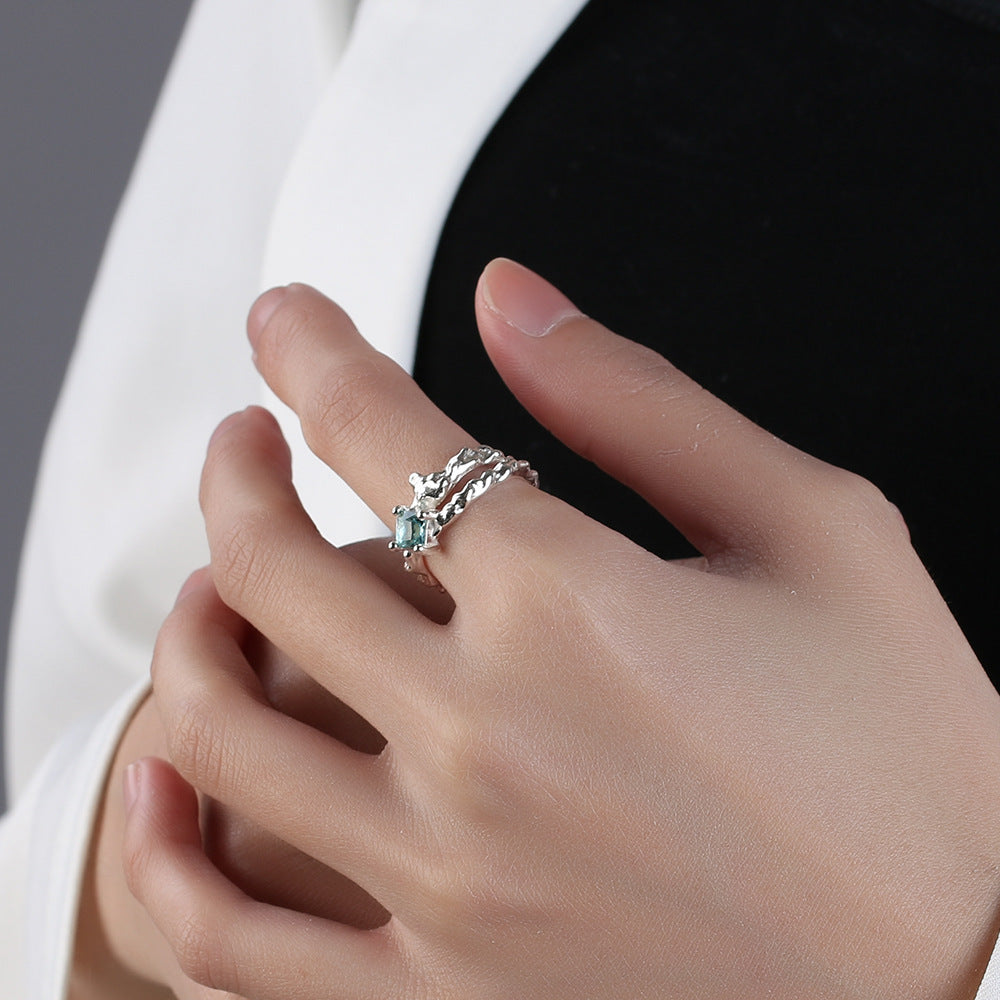 Unisex Adjustable Blue Zircon Ring Copper Electroplated Flower Design Irregular Fashion Jewelry Sturdy For Men And Women