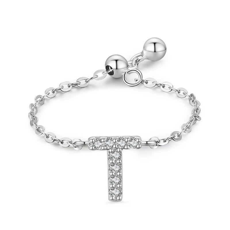 Womens Letter Chain Ring Adjustable Opening Female Fashion Ring Niche Design Love Thin Silver Jewelry English Ring