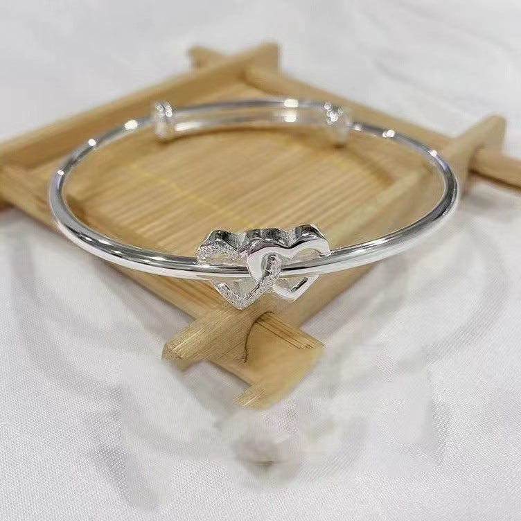 Womens Elegant Heart Bracelet Adjustable Silver Plated Alloy Jewelry Push-Pull Design Durable Everyday Wear Bangle