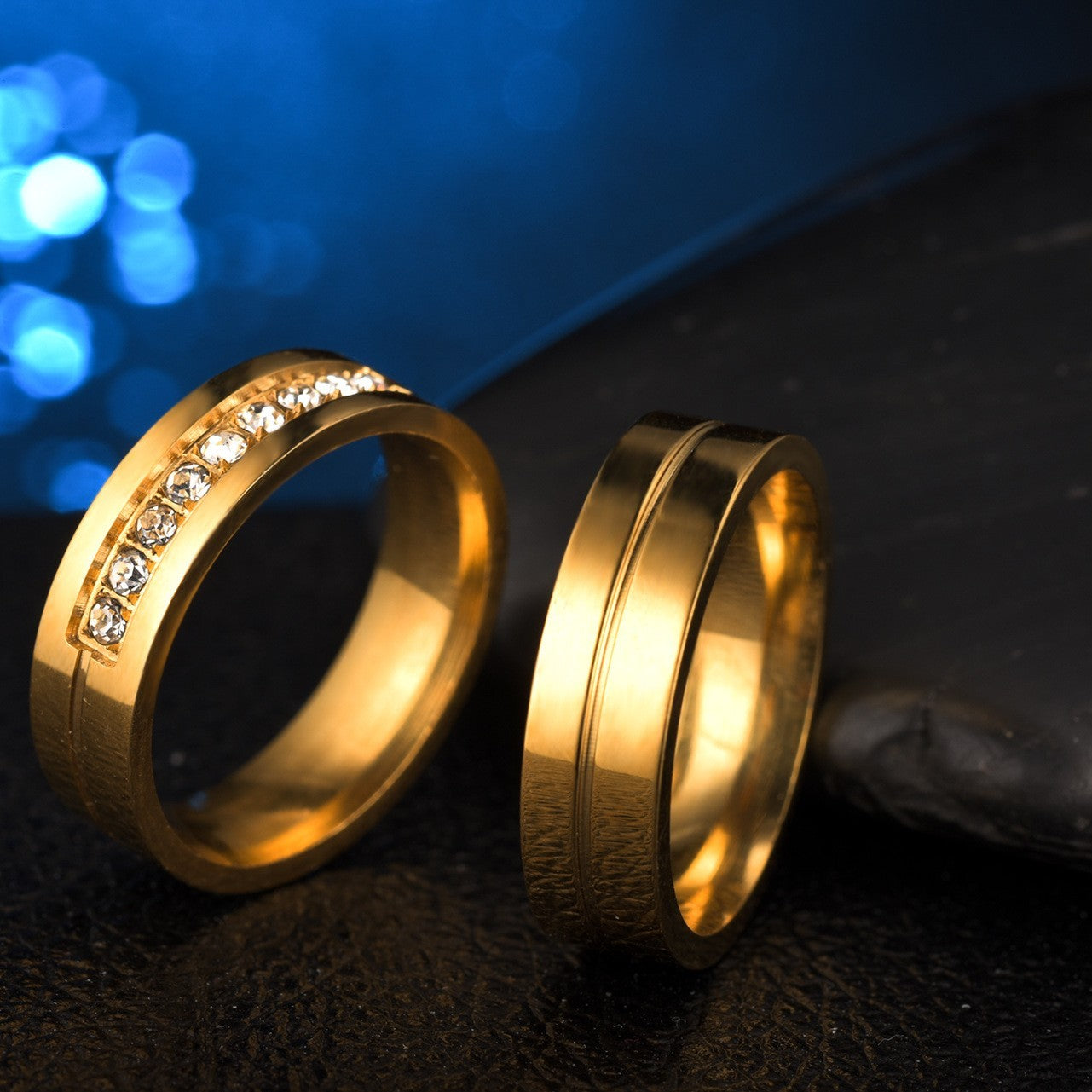 Couple Rings Carved Stainless Steel Band Geometric Design Ring Gold Tone Diamond Accent Wedding Engagement 5 9