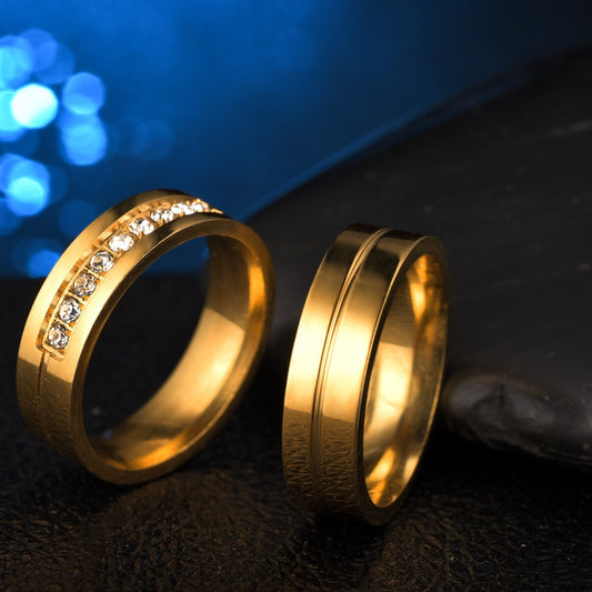 Couple Rings Carved Stainless Steel Band Geometric Design Ring Gold Tone Diamond Accent Wedding Engagement 5 9