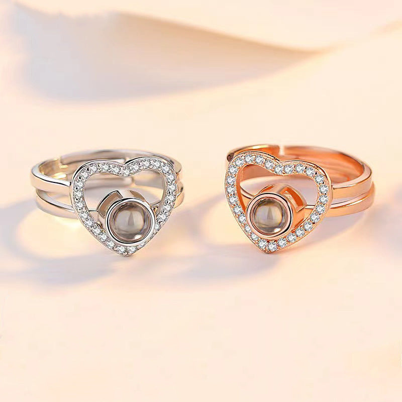 Couple Rings Love You Projection Adjustable Open Heart Rings Set Languages Rose Gold And Silver Alloy Matching