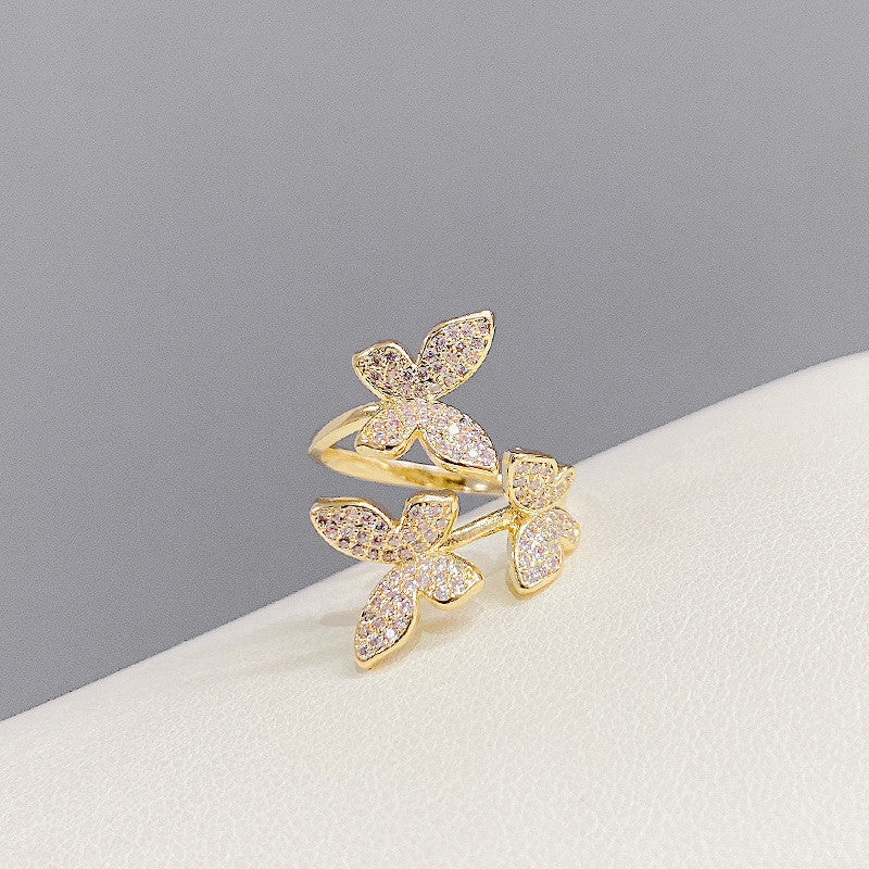 Womens Butterfly Ring Gold Plated Copper Gemstone Floral Design Jewelry Elegant Statement Accessory Korean Style