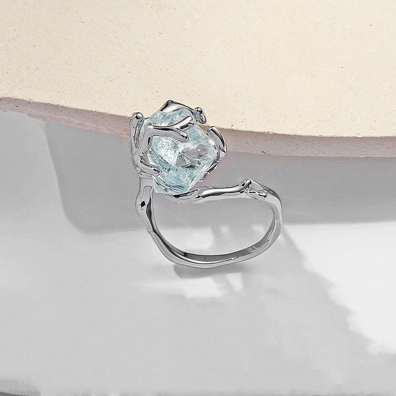 Geometric Alloy Ring with Ice Blue Transparent Natural Stone Electroplated Silver Ring Fashion Jewelry Gift for Women and Girls Party Prom