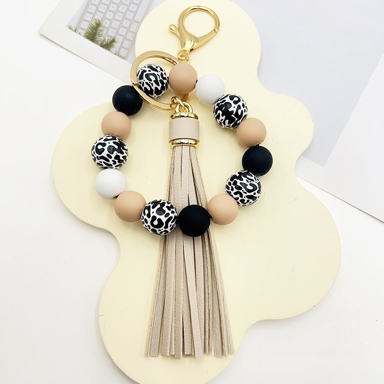 Wooden Bead Keychain Leopard Pattern White Background 21cm Length Round Beads For Pendants Bracelets Keychains