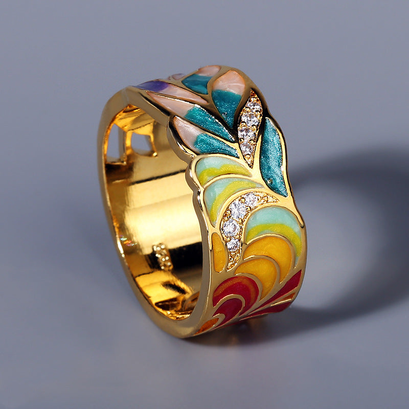 Fashion Creative Mixed Color Butterfly Painting Glaze Ring