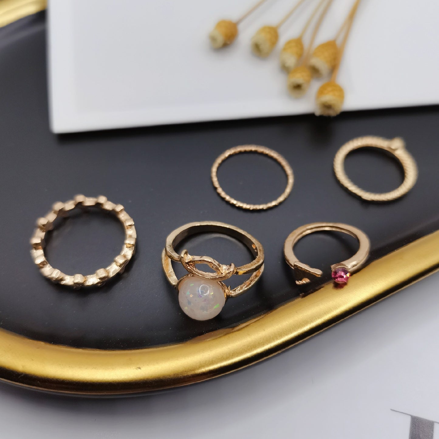 Retro Geometric Joint Rings Electroplated Gemstone Fashion Jewelry Set Alloy Knuckle Ring Travel Souvenir Gift