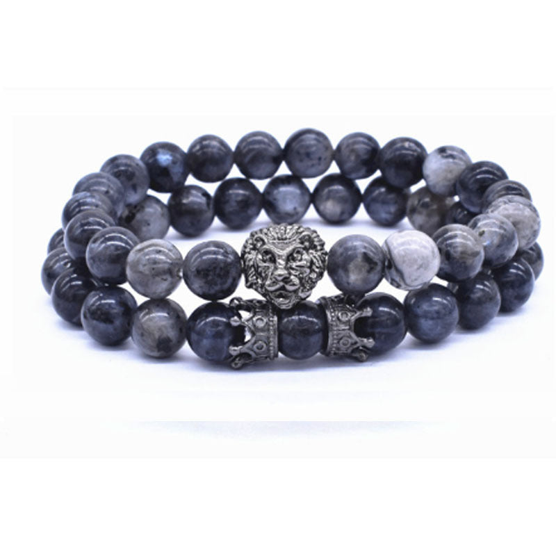 Lion Head Bracelet Crown Charm Alloy Bracelet For Men And Women Natural Stone Accents Adjustable Length 19cm Cord