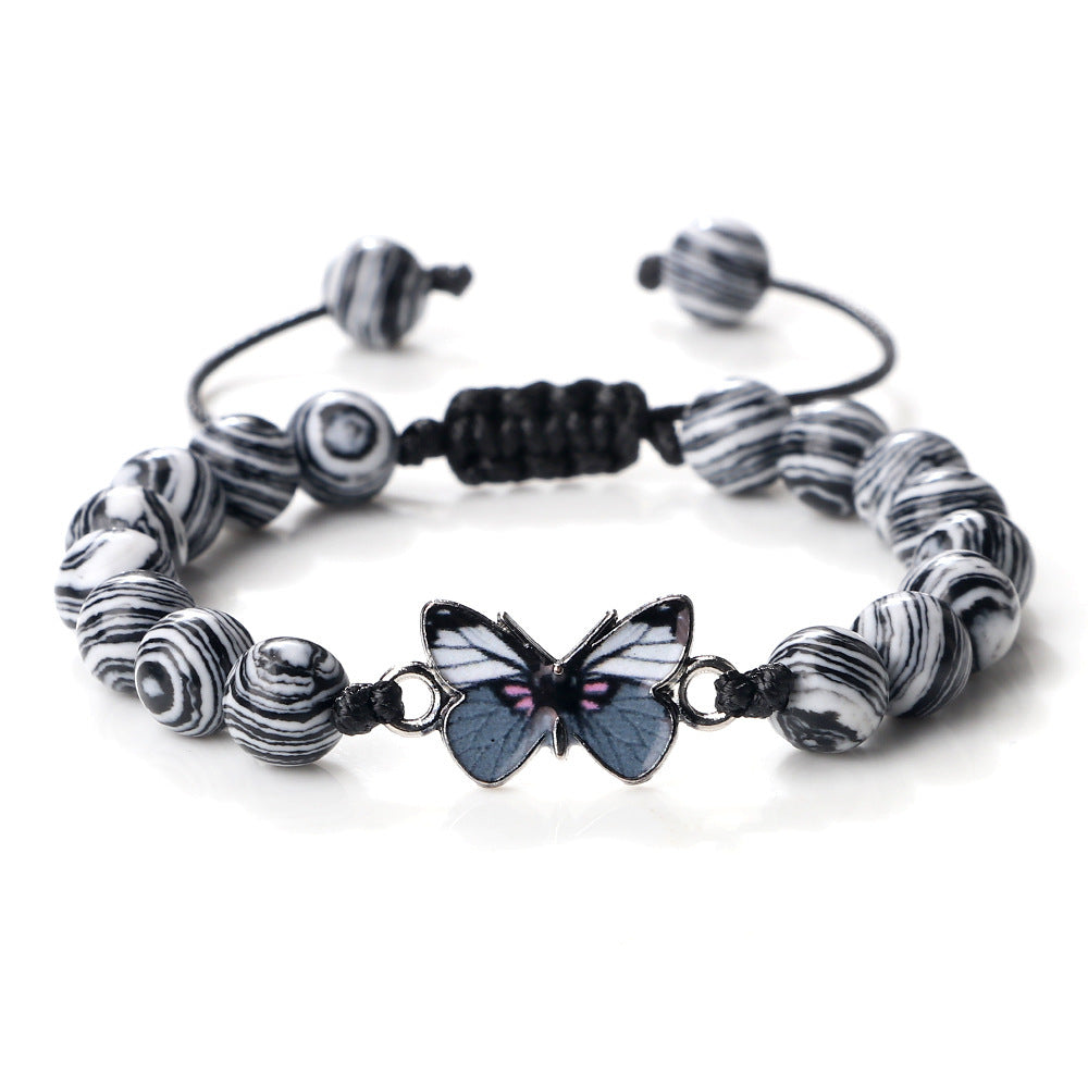 Woven Butterfly Bracelet Adjustable Handmade Tiger Eye Volcanic Rock Agate White Porcelain Bead Jewelry Gift For Women