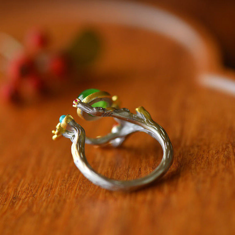 Womens Open Ring Electroplated Green Jasper Copper Adjustable National Fashion Ring Animal Cartoon Retro Laces