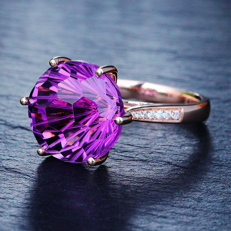 Six Claw Amethyst Ring with Geometric Silver Inlay For Women Adjustable Size Jewelry And Elegant Craft Details