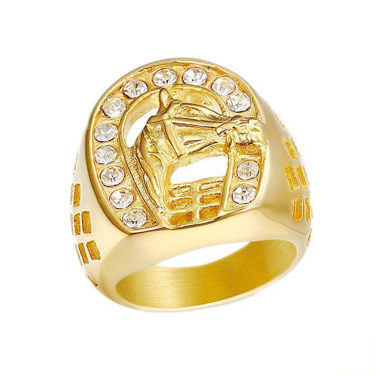 Titanium Steel Gold Plated Diamond Horse Head Ring Men Hip Hop Jewelry Durable Fashion Accessory Street StyleX