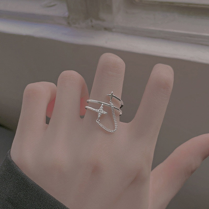 Womens Star Ring With Meteor Chain Design Double Layer Copper Ring Adorned With Zircon Stones Elegant Jewelry For Her