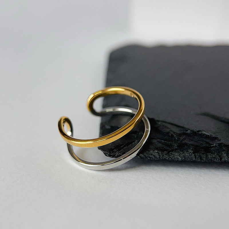 Womens Adjustable Ring Gold Silver Patchwork Double Layer Titanium Steel Geometric Fashion Jewelry Fashionable