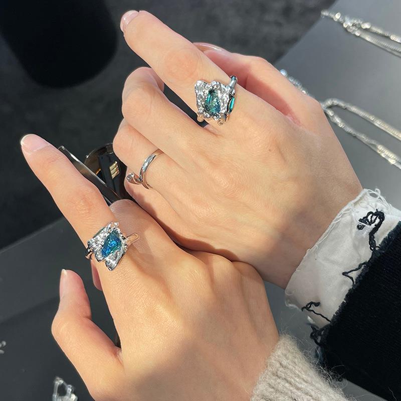 Azure Crystal Geometric Ring Adjustable Gold Plated Alloy Artificial Gemstone Jewelry Fashion Statement Sparkle