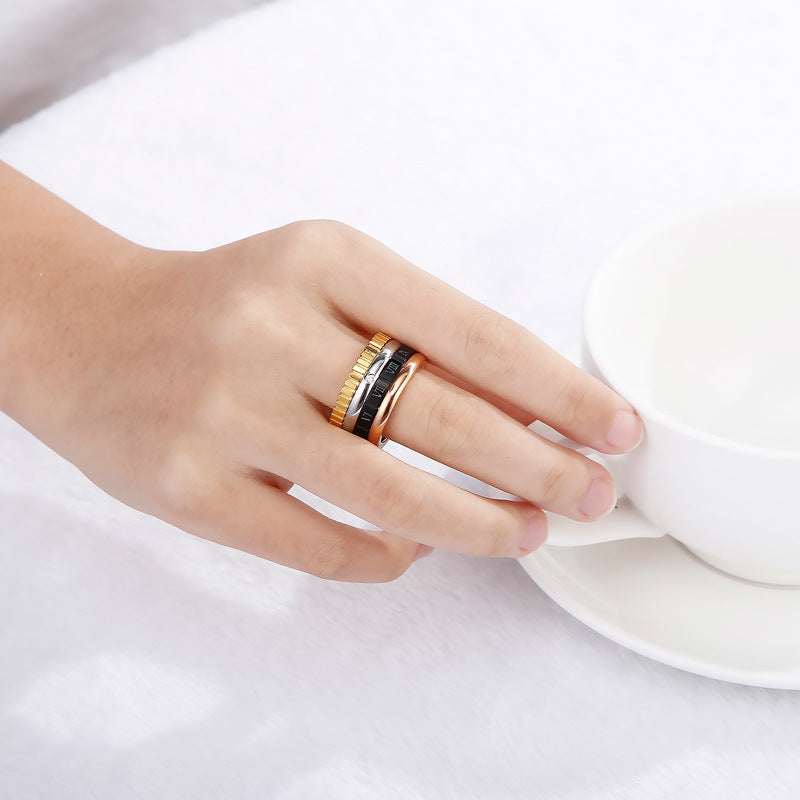 Womens Rhinestone Ring Stainless Steel Roman Band 12mm Wide Golden Finish Geometric European Fashion Ring Ring