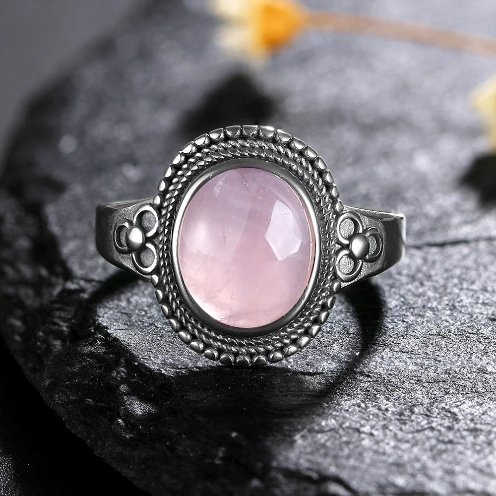 Retro Pattern Crystal Gemstone Flower Ring Pink Copper For Women US Sizes 06 07 8 9 10 Elegant Vintage Jewelry