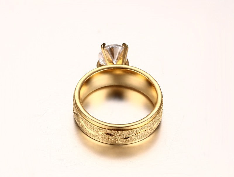 Stainless Steel Gold Plated Sandblasted Four Claw Zircon Ring For Women Fashion Accessory Elegant Statement Piece