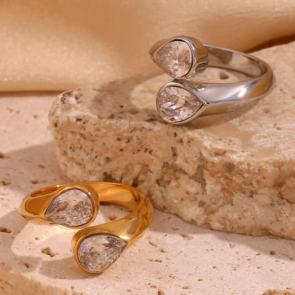 Womens Stainless Steel Ring 18K Gold Plated with Zircon Double Water Drop Design Adjustable Open Ring Fashion Jewelry Gift for Her