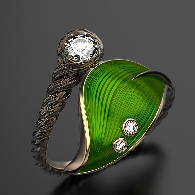 Leaf Zircon Ring For Women Adjustable Alloy Jewelry With Rattan Style Elegant Fashion Accessory Chic City Vogue