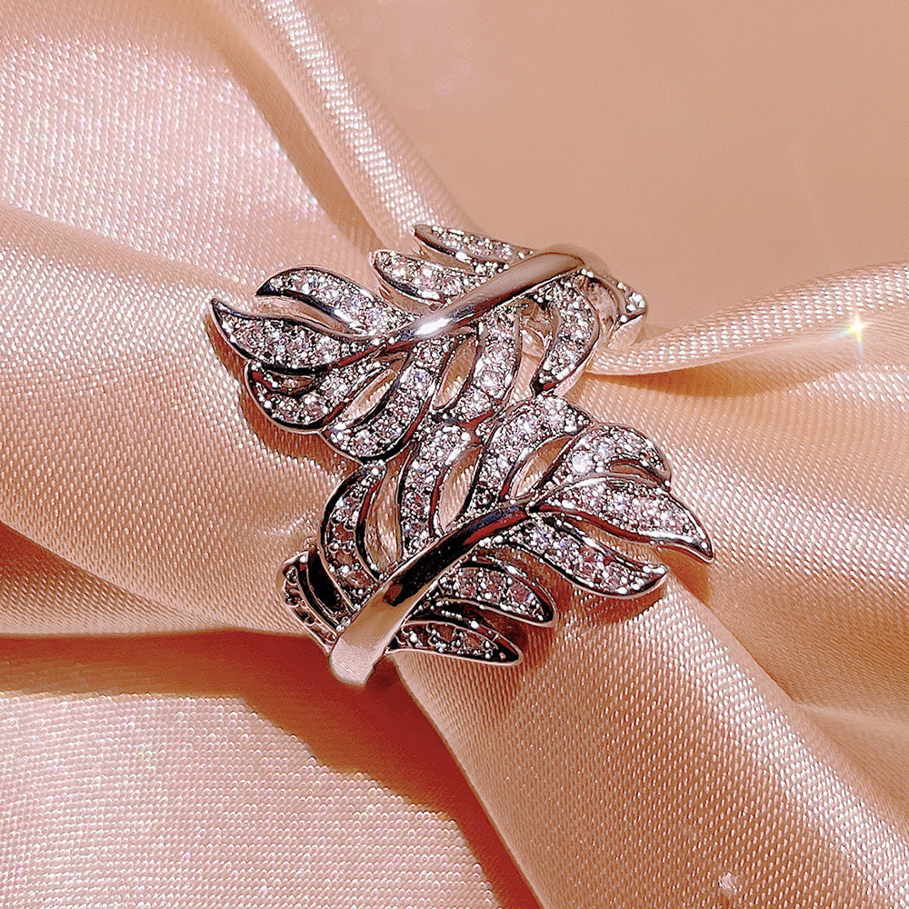 Zircon Ornament Ring Leaf Design Adjustable Size 6 7 8 9 10 Geometry Brass Alloy Inlay Chic Everyday Ring Look