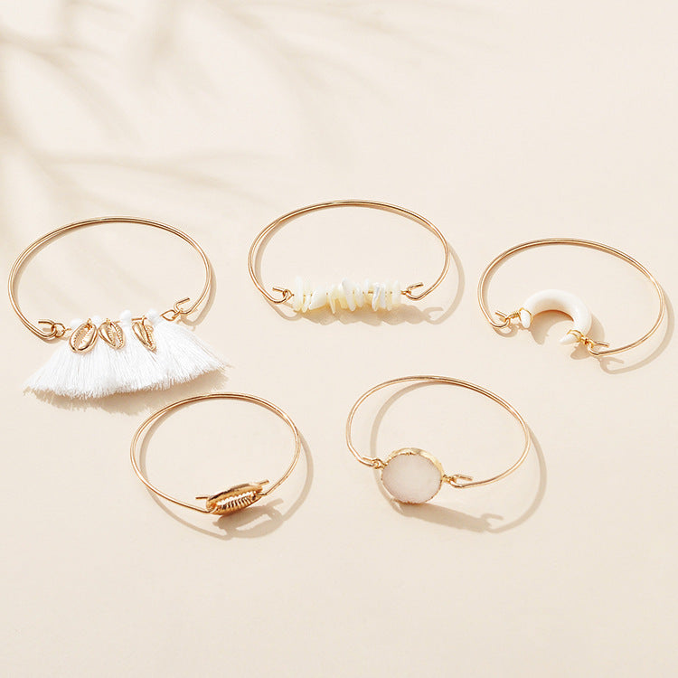 Womens Alloy Shell Tassel Bracelets Set Of Five Pieces Electroplated Gold Finish Boho Chic Jewelry Accessories