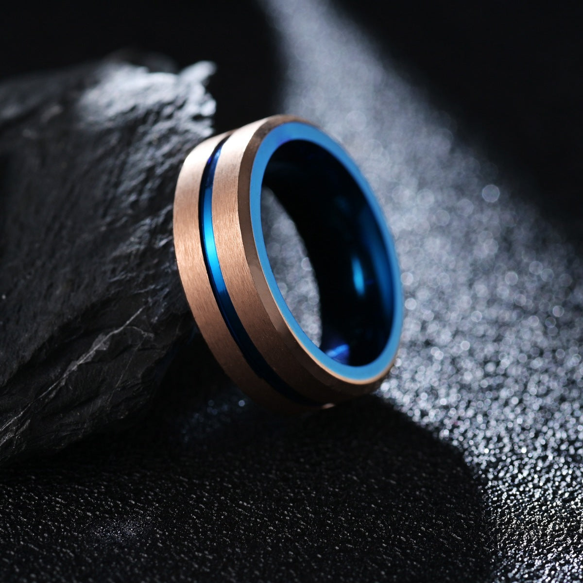 Rose Gold Blue Two Tone Tungsten Ring For Men Durable Geometric Band Modern Style Sizes 8 9 10 11 12 Comfort Fit