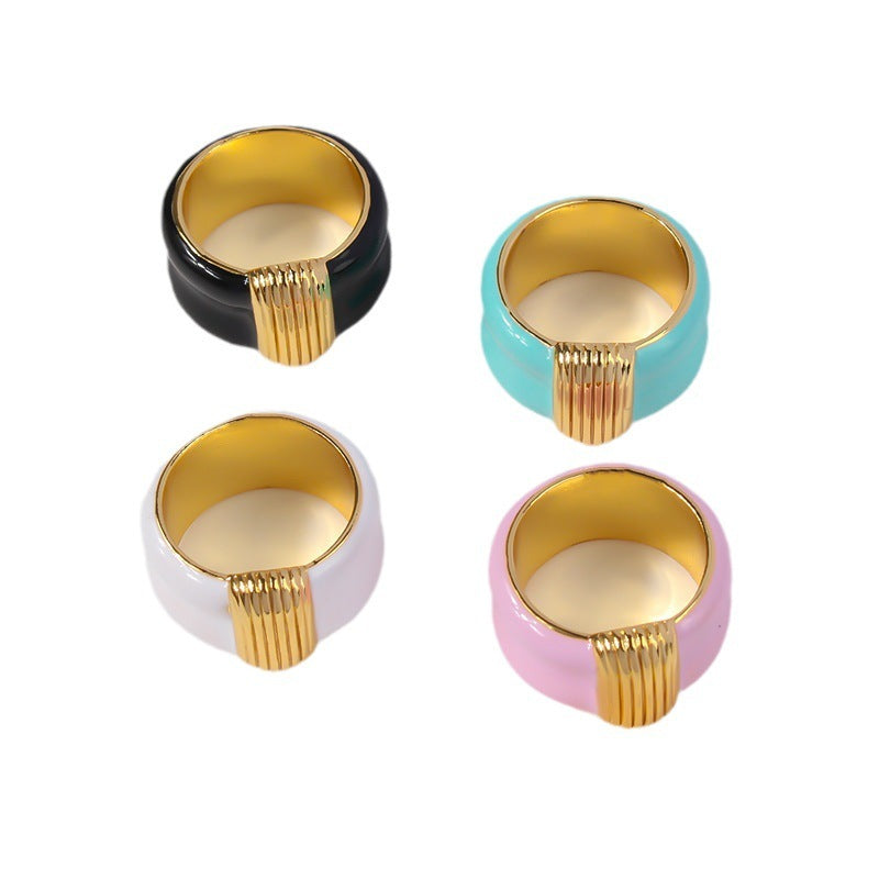Womens French Retro Black Ring With Gold Enamel Drip Glazed Geometric Copper Ring Simple For Her Drip Oil Blue
