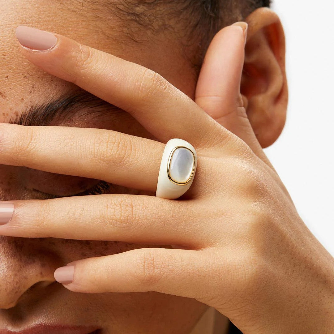 Geometric Ring In 18K Gold Plated Copper With Natural Malachite Inlay And White Shell Inlay For Women Timeless