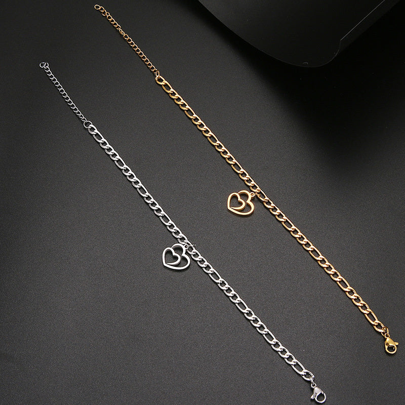 Stainless Steel Vintage Gold Double Heart Charm Figaro Chain Adjustable Bracelet 18cm For Women And Girls Gold