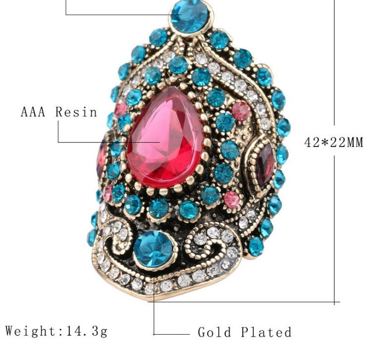 Gold Plated Crystal Sapphire Vintage Ring With Rhombus Alloy Band Diamond Cut Luxury Elegant Jewelry For Women