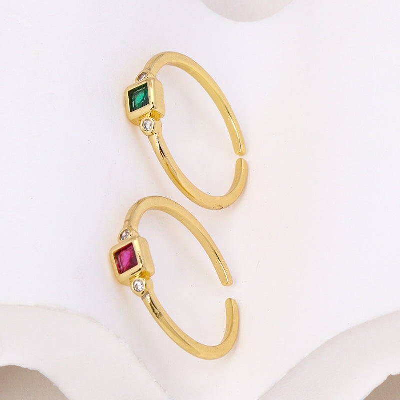 Geometric Square Zircon Ring With Green And Rose Red Inlays
