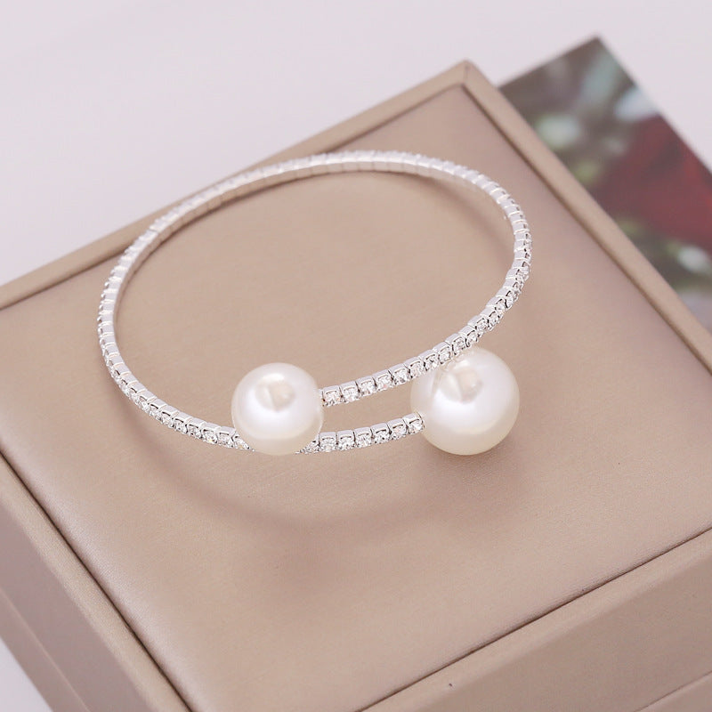 Elegant Round Bangle Bracelet For Women With Pearl Accents And Rhinestones Elastic Alloy Electroplated Gold Or Silver