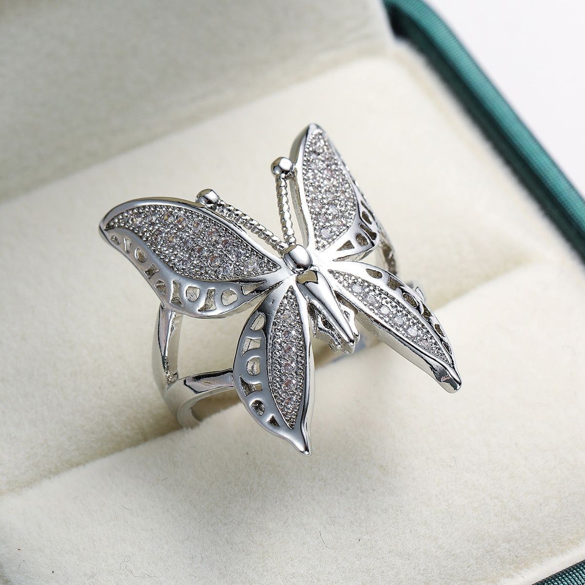 Geometric Butterfly Zircon Ring For Women Adjustable Copper Jewelry European American Style White Zircon Shine