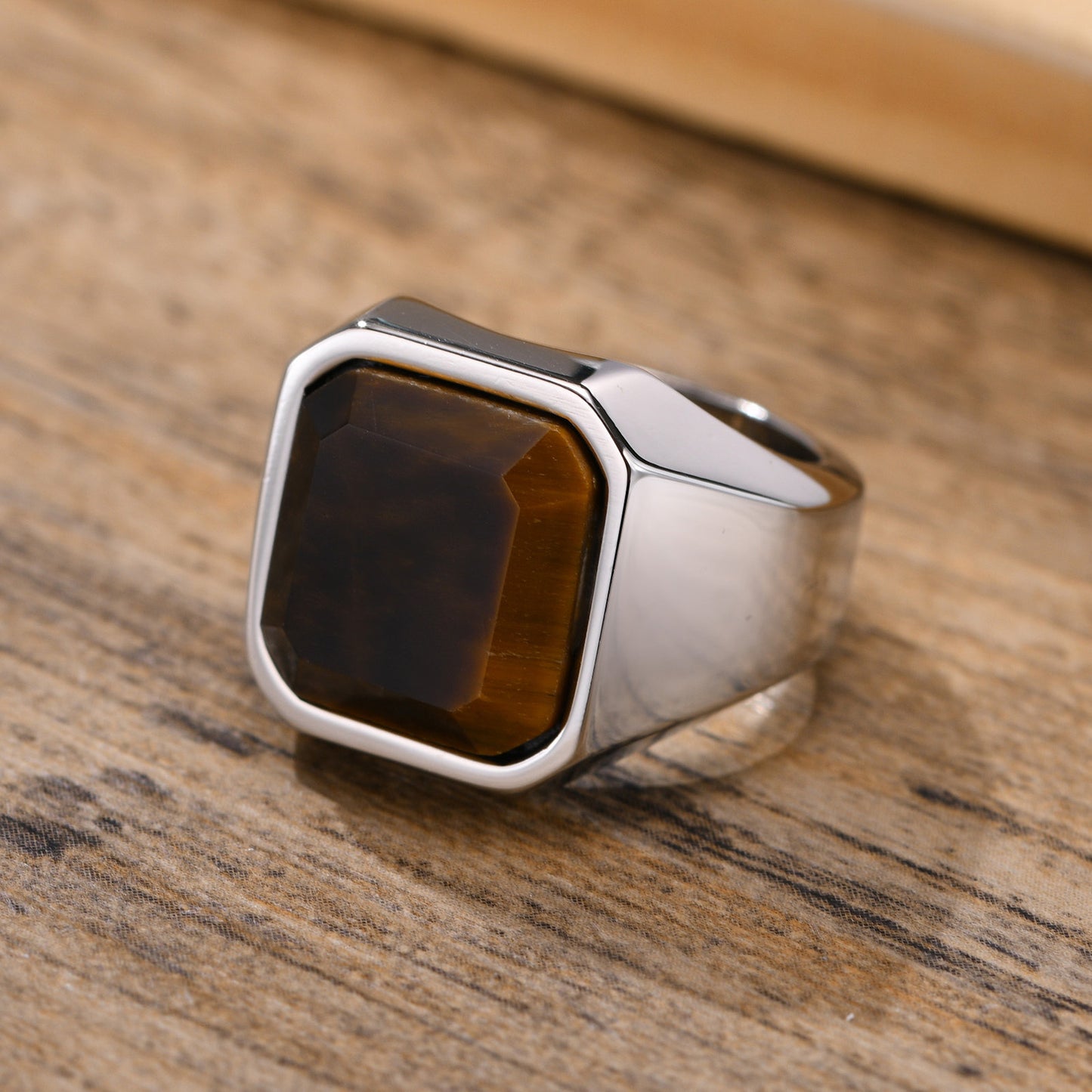 Geometric Stainless Steel Ring With Black Gemstone And Diamond Setting Fashion Jewelry Square Gemstone Diamond