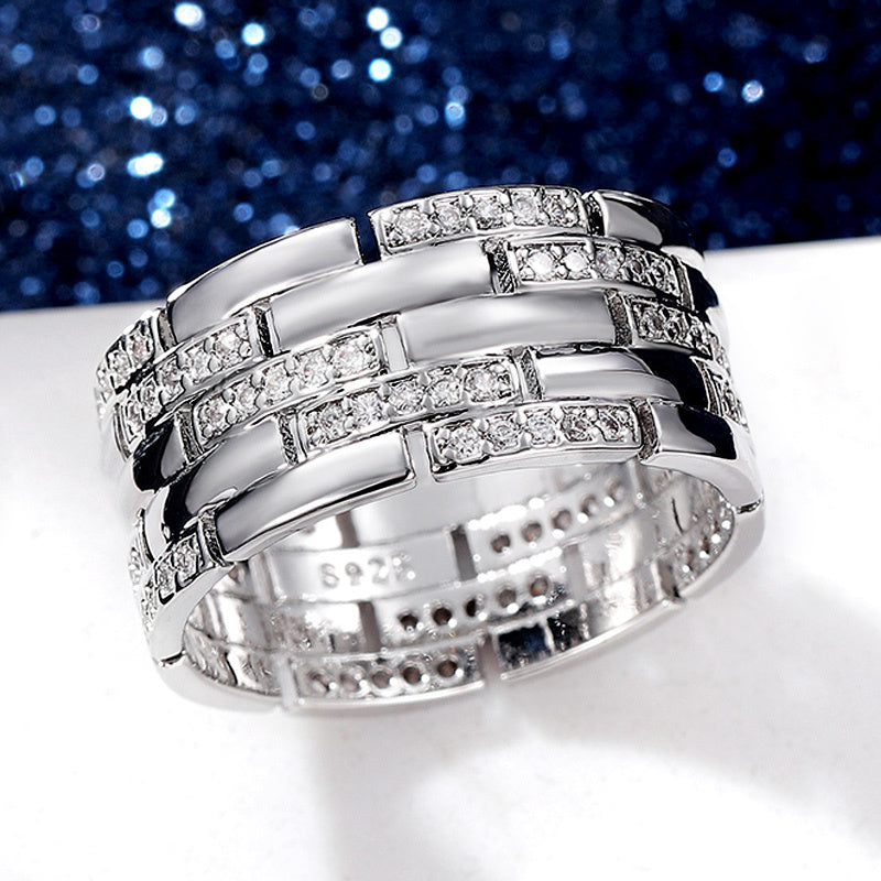 Men Wide Zircon Micro Pave Ring Copper Geometric White Gold Tone Fashion Jewelry Accessory Elegant Unisex Ring