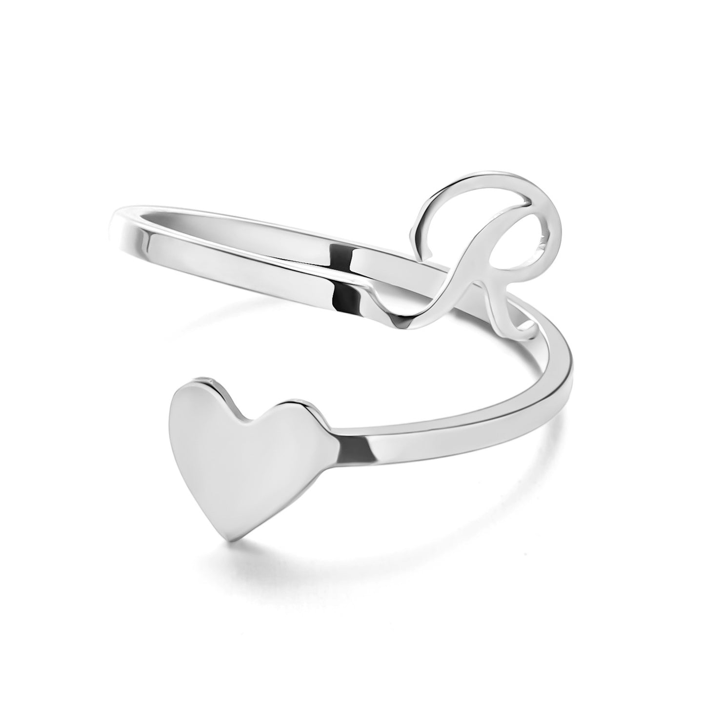 Womens Initial Letter Ring Adjustable Stainless Steel Heart Design 3D Open Heart Electroplated Fashionable Chic